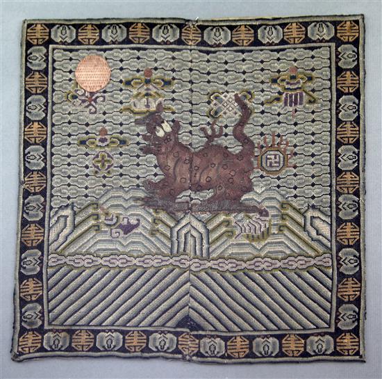 A Chinese silk gauze metal thread leopard military rank badge, 19th century, 28cm sq.